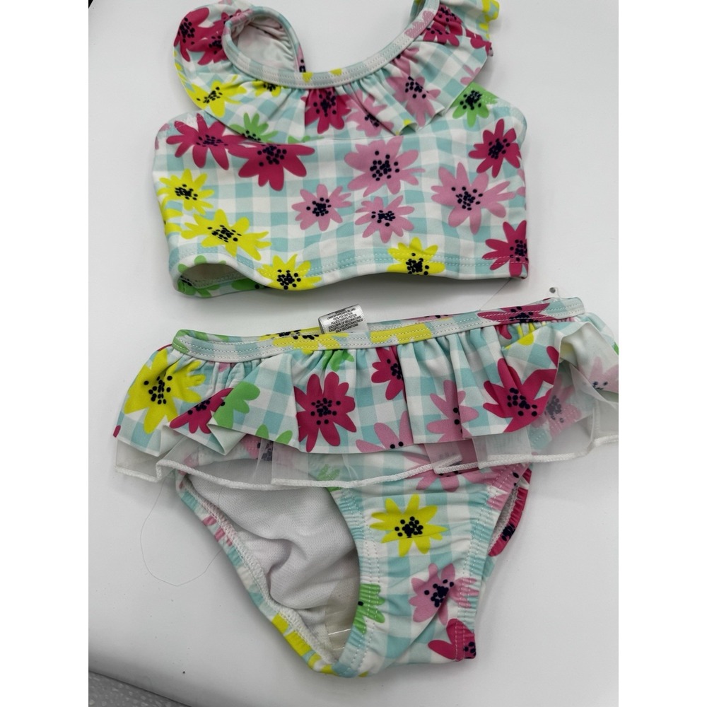 BNWT Little Me 12m 2 Piece White And Green Check With Flowers Ruffles Summer A2